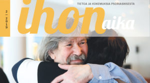 Psoriasisliiton Ihonaika-lehden kansikuva 2 2019, jossa ihmiset halaavat.
