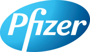 Lääkeyhtiö Pfizerin sinivalkoinen logo.