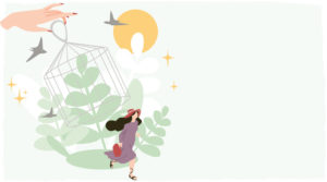 Kuvitus, jossa nainen juoksee vapauteen häkin alta.