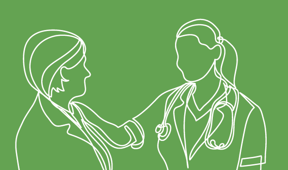 Vihreällä taustalla valkoinen piirroskuvitus, jossa lääkäri ja potilas.