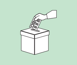 Vihreällä pohjalla kuvitus, jossa käsi tiputtaa äänestyslipun uurnaan.