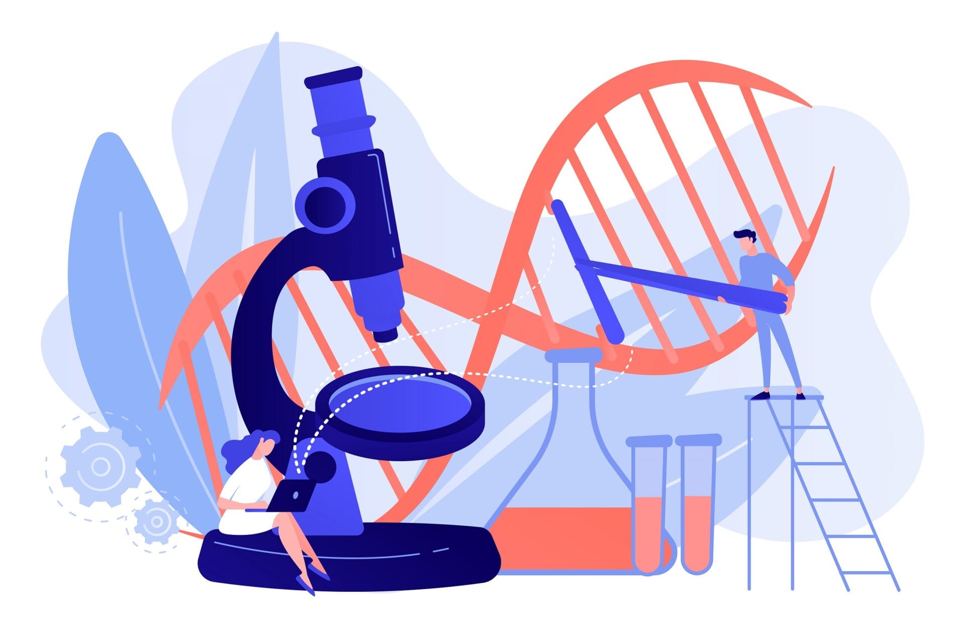 Piirroskuvitus, jossa on mikroskooppi, geenien sidoksia, koepulloja ja kaksi tutkijaa.