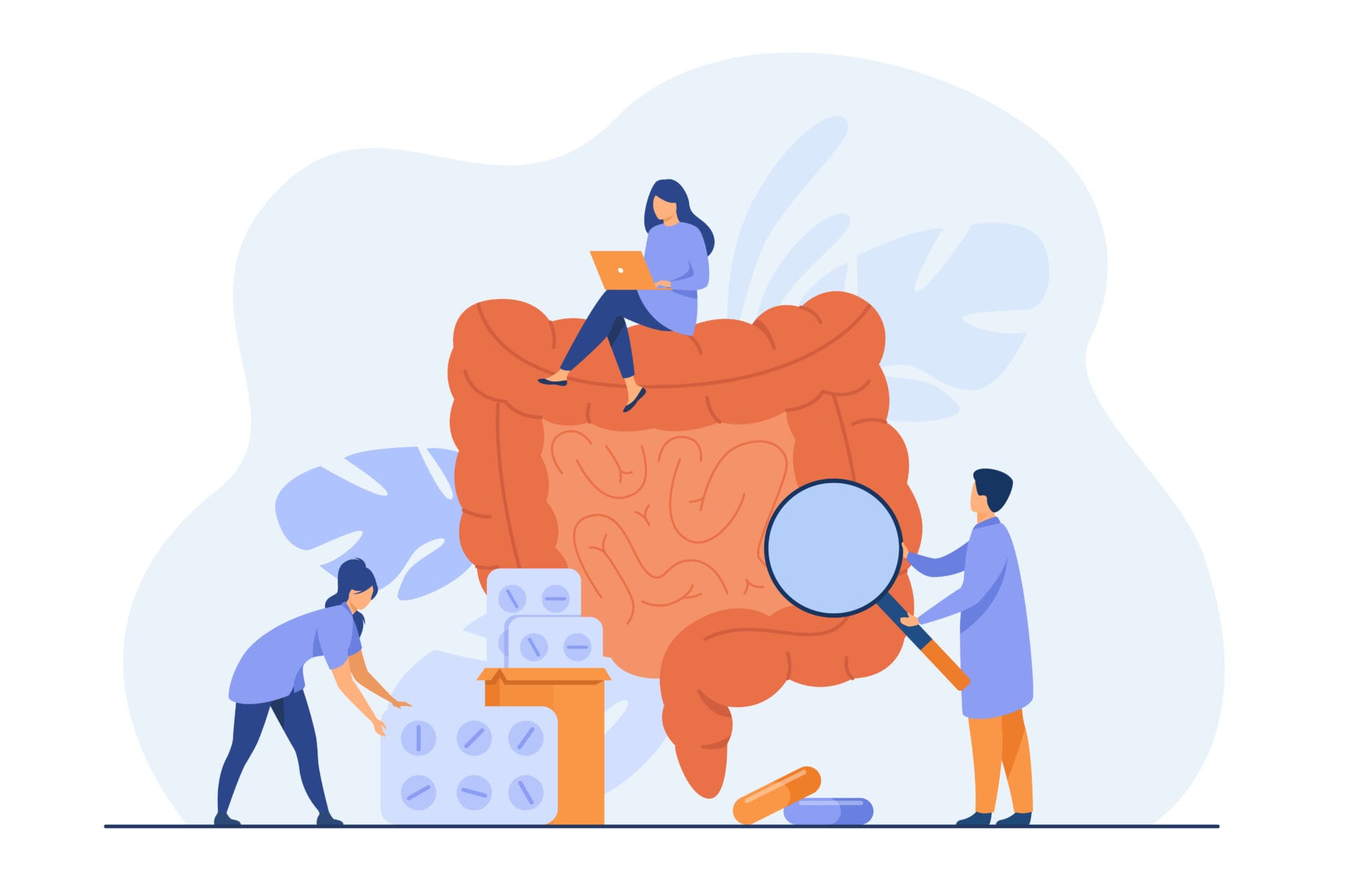 Piirroskuvitus, jossa ihmiset tutkivat suurennuslaseilla suolistoa.